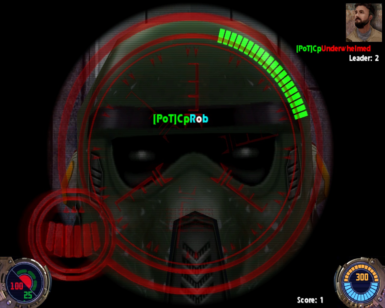 Looking downscope of a sniper rifle in Jedi Outcast 2 zoomed in hilariously right on a friend's avatar's face.