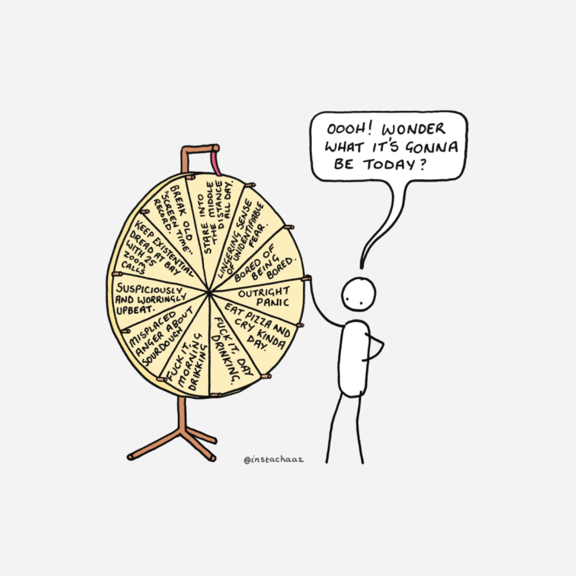 A stick figure standing in front of a Wheel of Fortune style wheel, where each possible option is something regrettable, and the person's thought bubble says 'Ooh! Wonder what it's going to be today?'