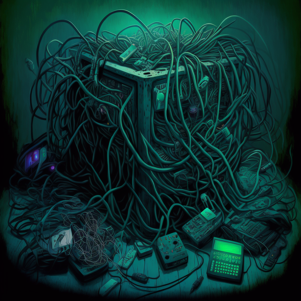 Horrific jumble of networking wires and equipment stylized like Cthulu (generated by Midjourney).