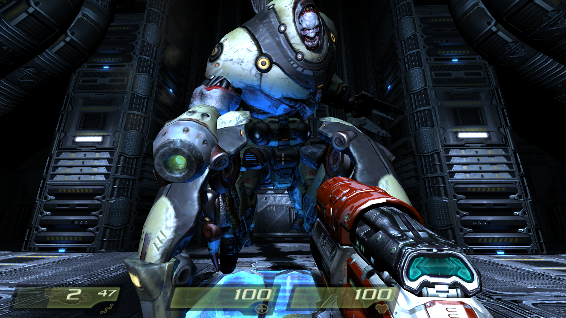 First-person screenshot of the first Makron fight from Quake 4.