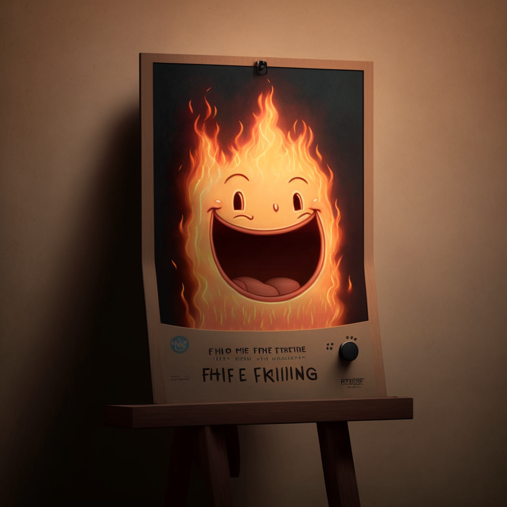 Midjourney-generated image of an art easel with a picture of a raging fire, anthropomorphized with a giant smile on its face. Meant to convey a ham-fisted 'this is fine' metaphor.