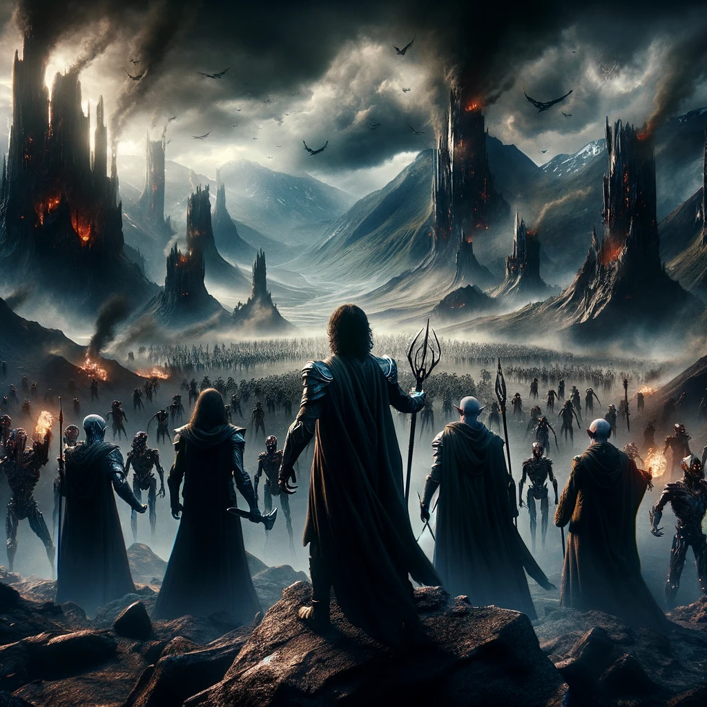 A gritty image from behind a small group of heroes, facing down a massive robotic army, in a shattered land that looks a lot like Mordor (generated by DALL-E).