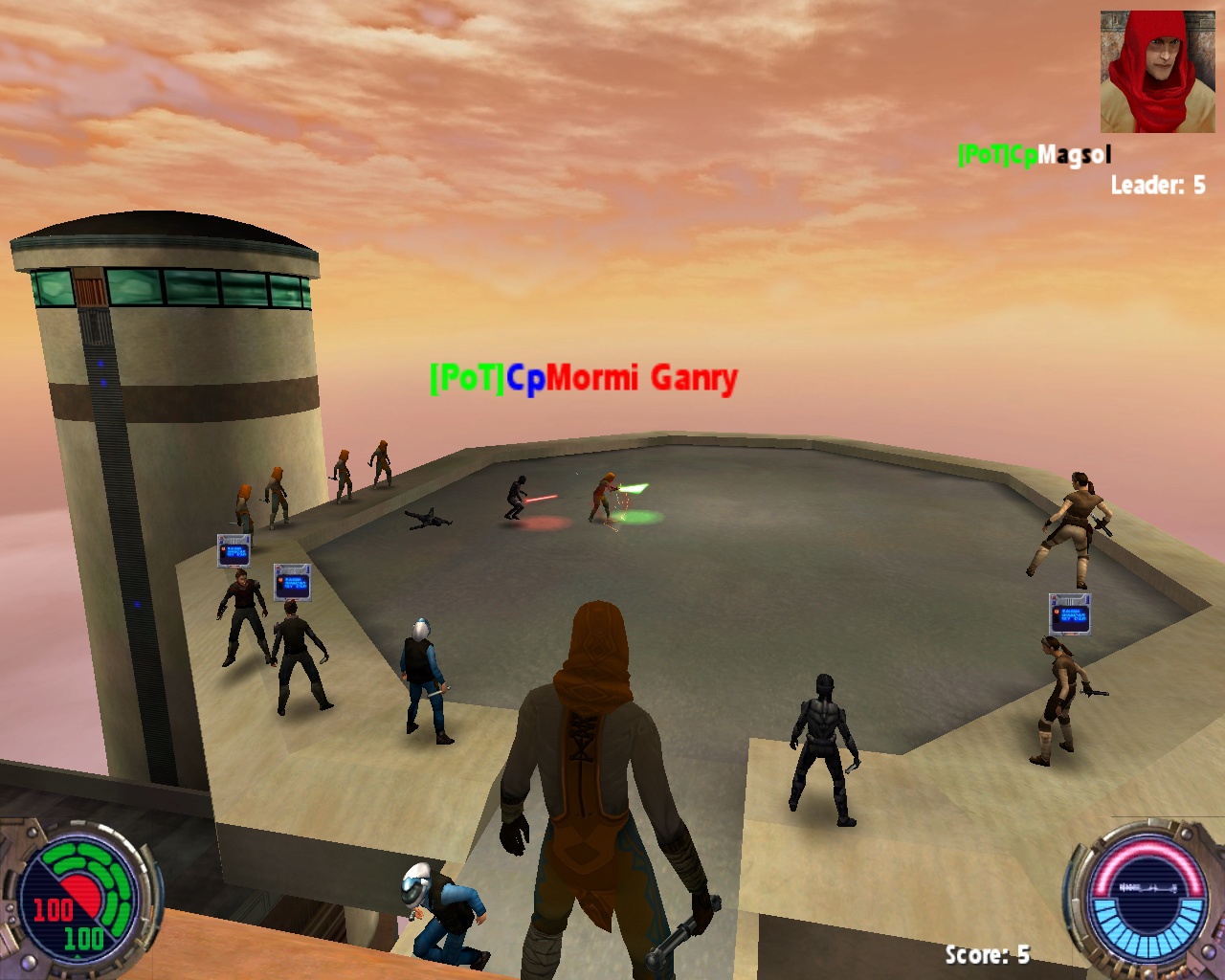 A screenshot like before, but this time showing lots of players standing around mid-game chatting with each other.
