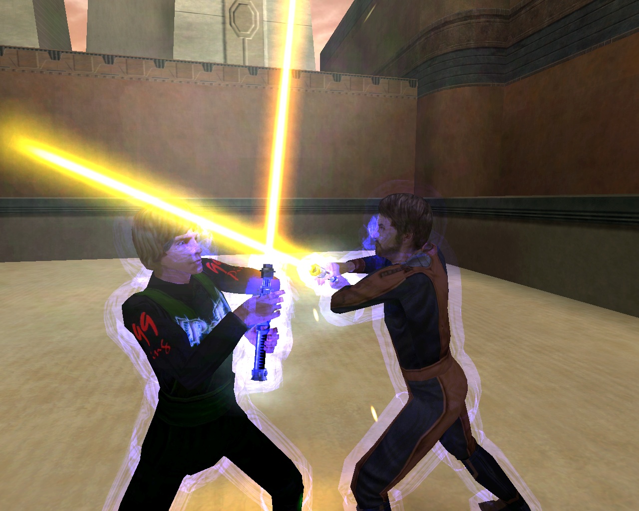 An in-game screenshot of two players in the middle of a lightsaber duel.