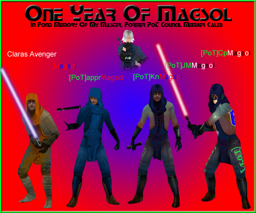 A stylized photoshop image of the variations of my in-game avatar to show their progression over the years, from beginner to expert.