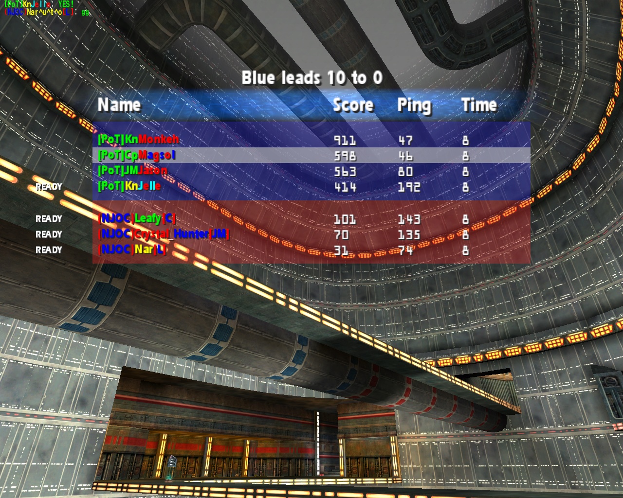 Screenshot of in-game scoreboard during the match against NJOC, showing PoT with a slim edge.