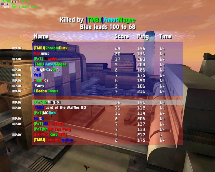 Screenshot of an in-game scoreboard showing the points and results of the first round of a match.