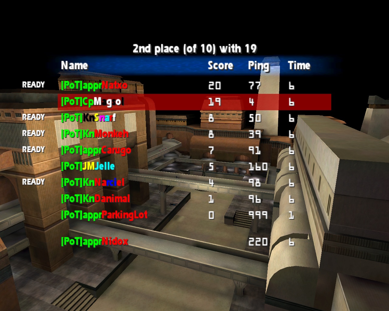 A screenshot of the in-game scoreboard, showing the names of lots of new recruits into PoT.