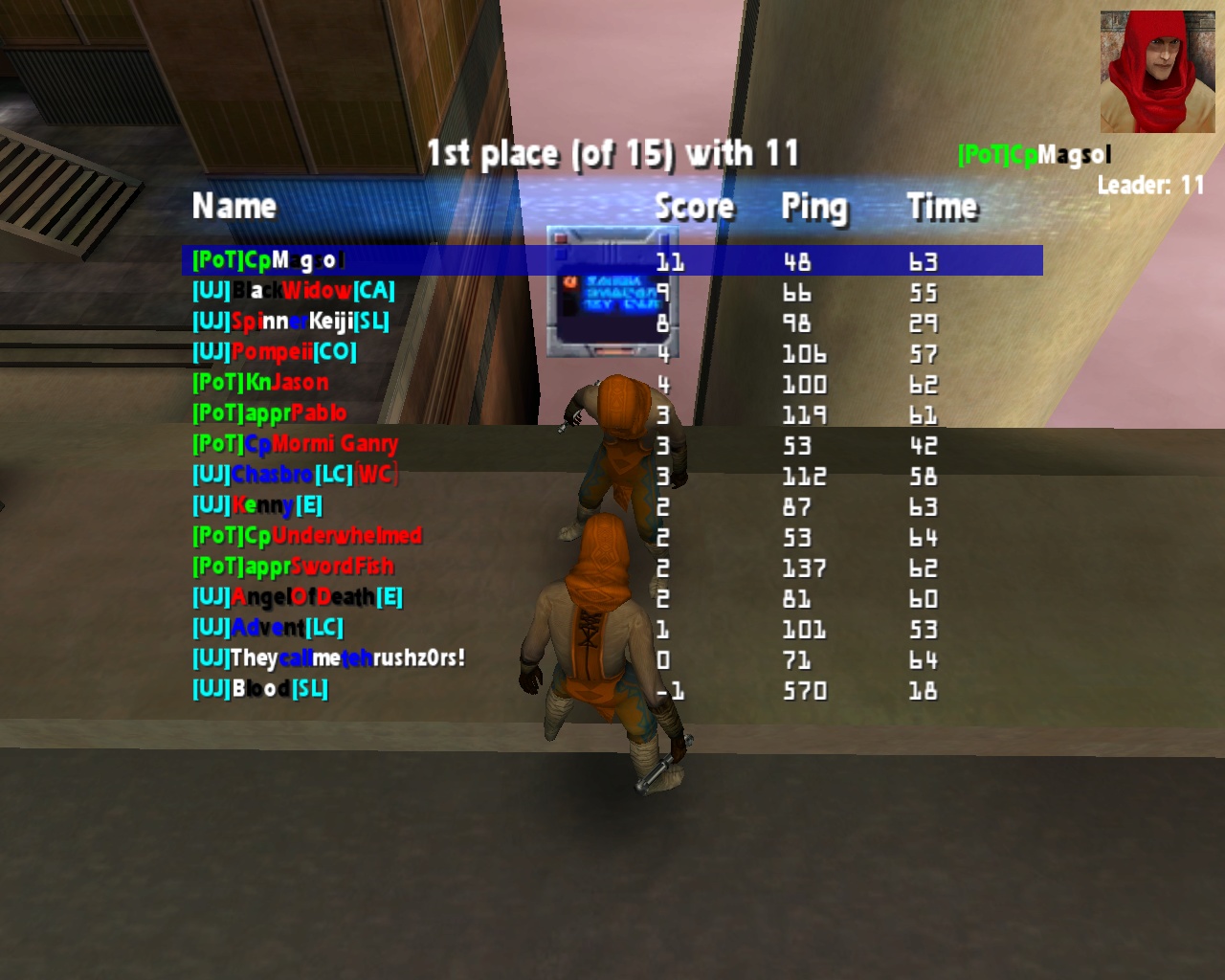 Screenshot of in-game scoreboard during the match with UJ, showing us kinda getting slaughtered.