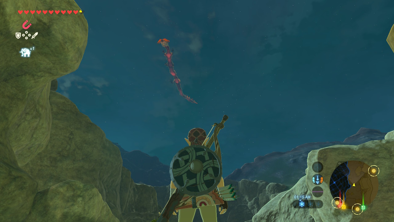 Link from Breath of the Wild looking up at the dragon Dinraal in the sky above.