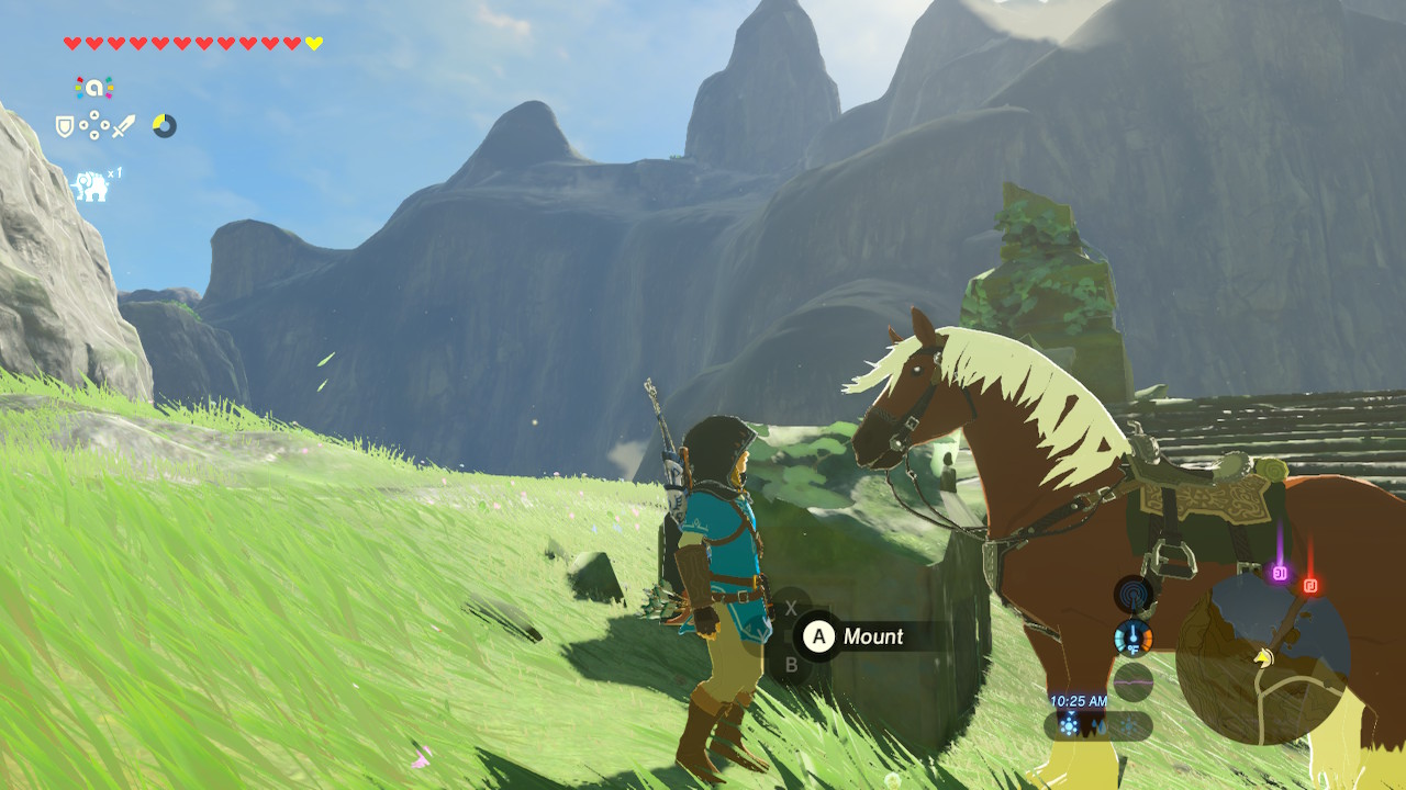 Link from Breath of the Wild standing in front of Epona, the horse of legend.