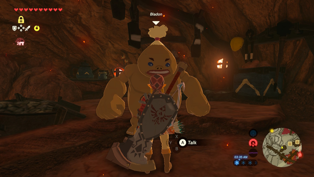 Link from Breath of the Wild speaking with a Goron in Goron City.