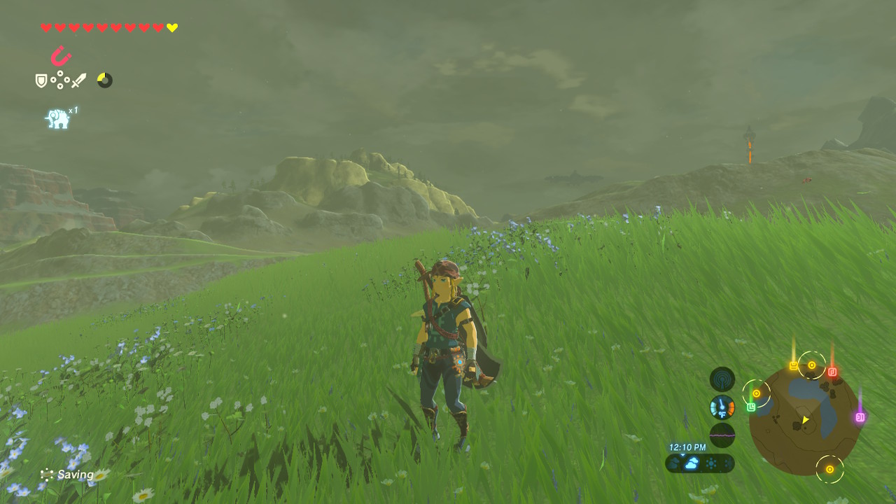 Link from Breath of the Wild standing on a hillside covered in flowers.