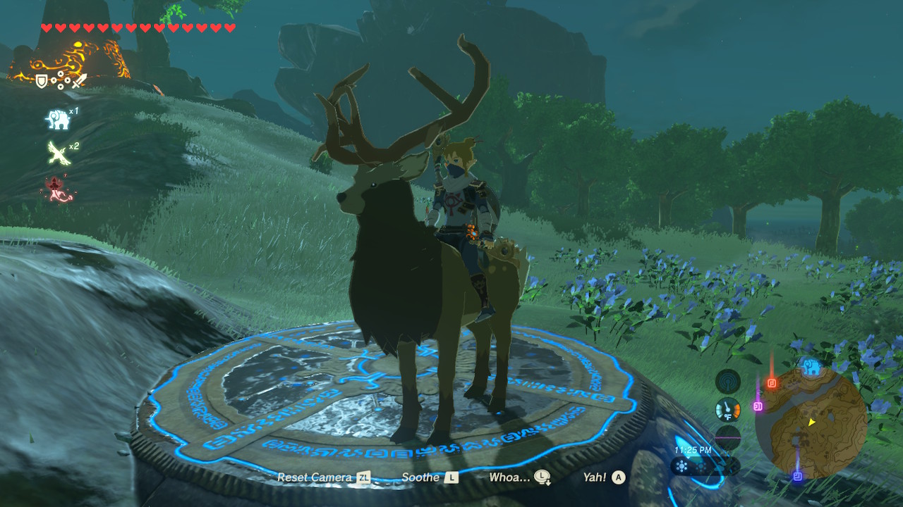 Link from Breath of the Wild mounted on a stag, both standing on a shrine pedestal.