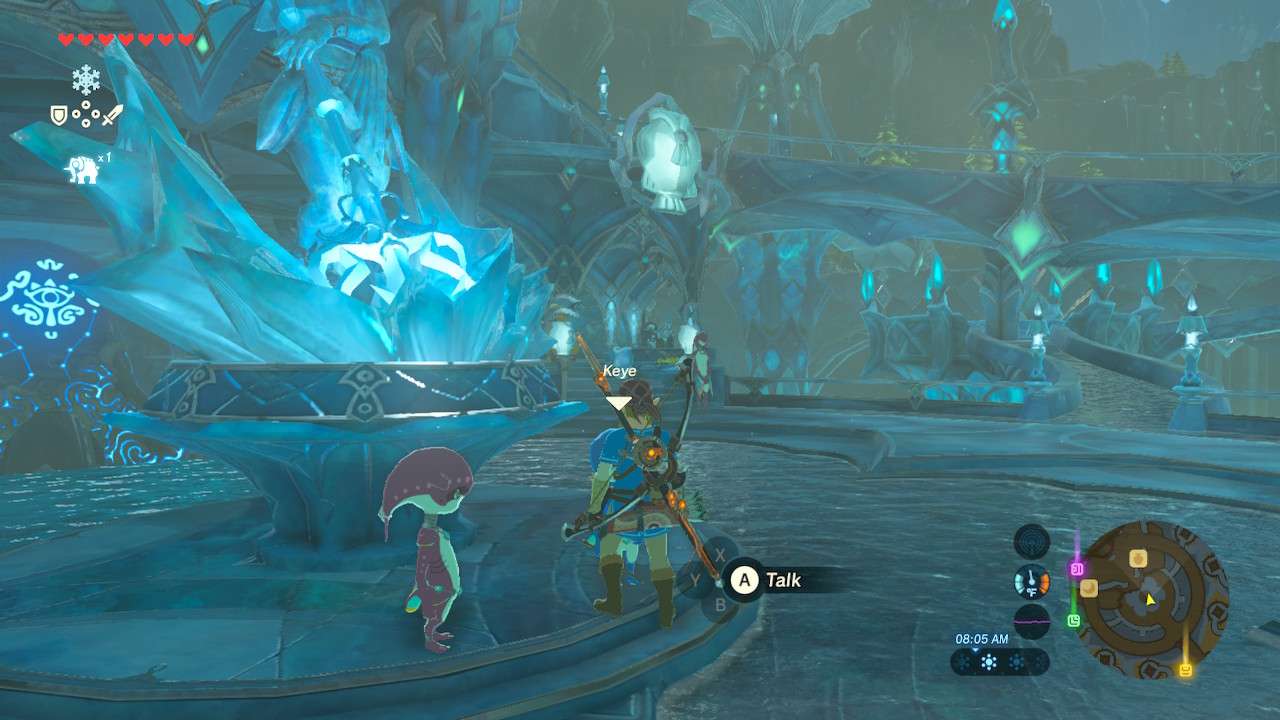 Link from Breath of the Wild standing in the central fountain at Zora's Domain.