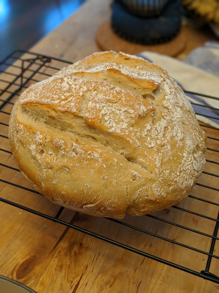 A picture of finished homemade sourdough bread.
