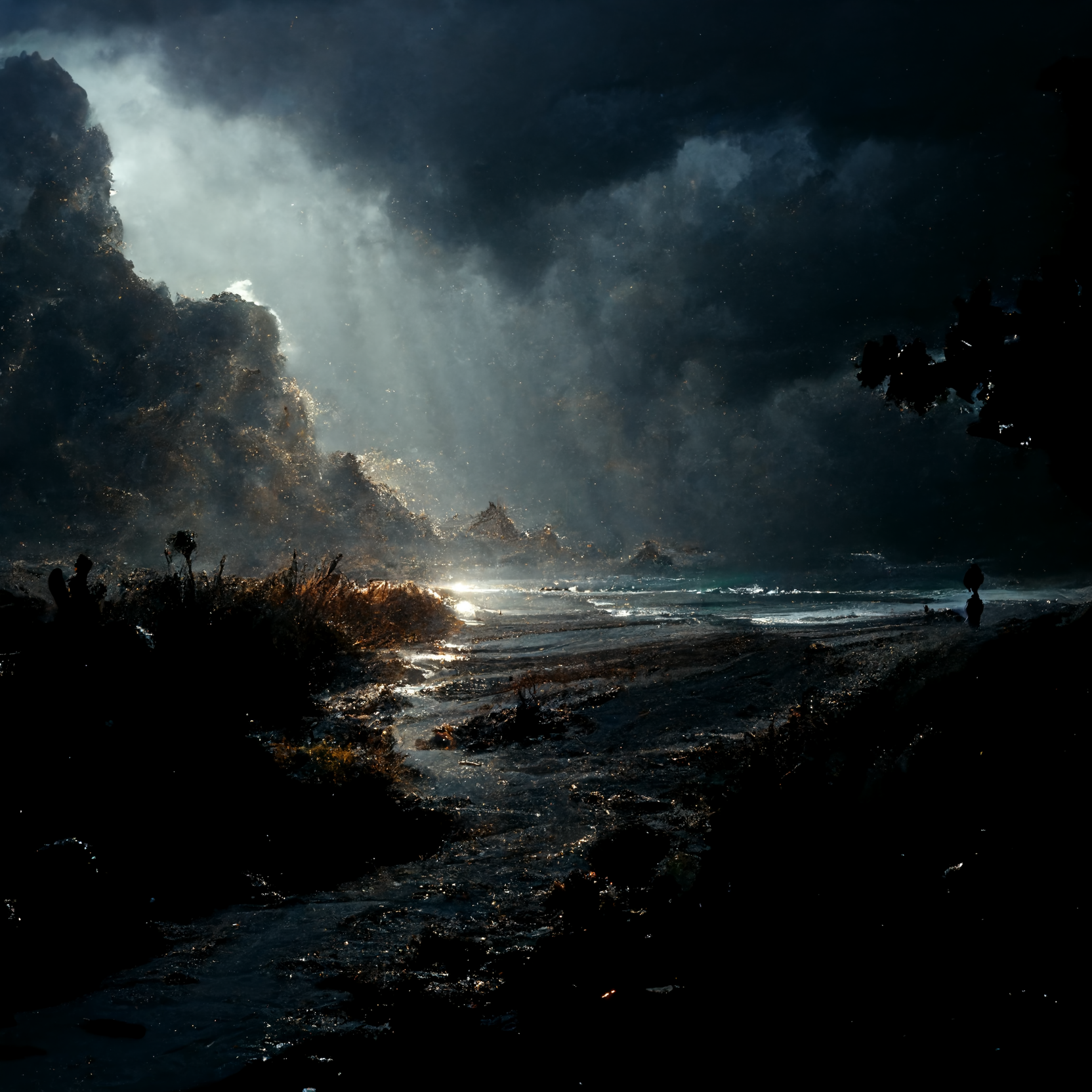 Generated with the text: `empty beach, dark storm in distance, one flower blooms from the sand to the side, high detail, atmosphere, Arnold render, ultra-realistic, dramatic lighting, glow, cinematic lighting, epic, 8k` by MidjourneyAI.