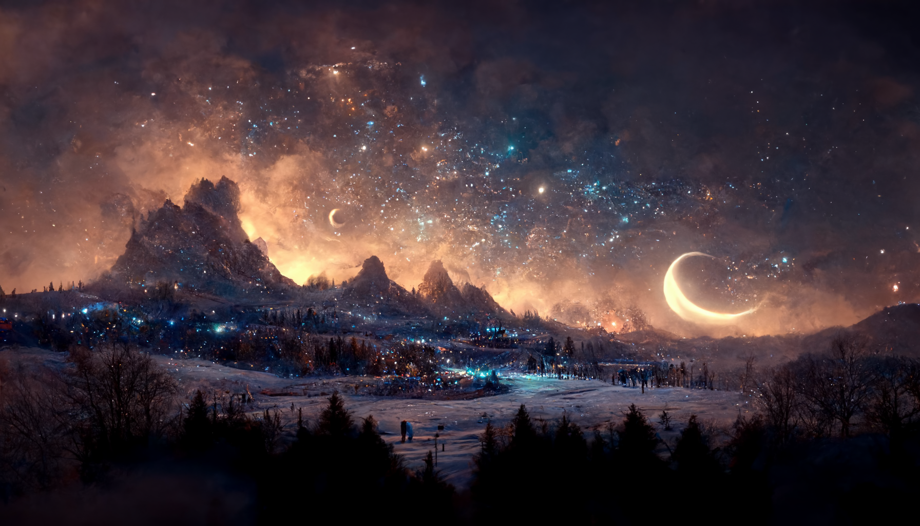 Generated with the text: `wooded mountainous winter landscape under cosmic night sky with distant glowing small town in a valley, nebulae, crescent moon, planetary rings, cinematic, atmospheric, 8k, dramatic lighting, ultra realistic` by MidjourneyAI.