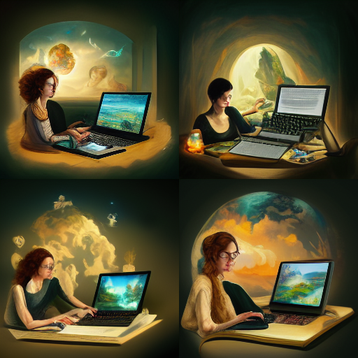 Generated with the text: `a writer working at her computer surrounded by a world of her own creation` by MidjourneyAI.