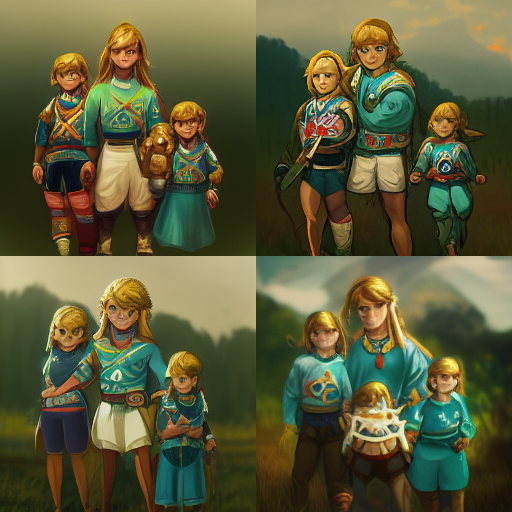 Generated with the text: `zelda champions from breath of the wild, family, 1985, highres` by MidjourneyAI.
