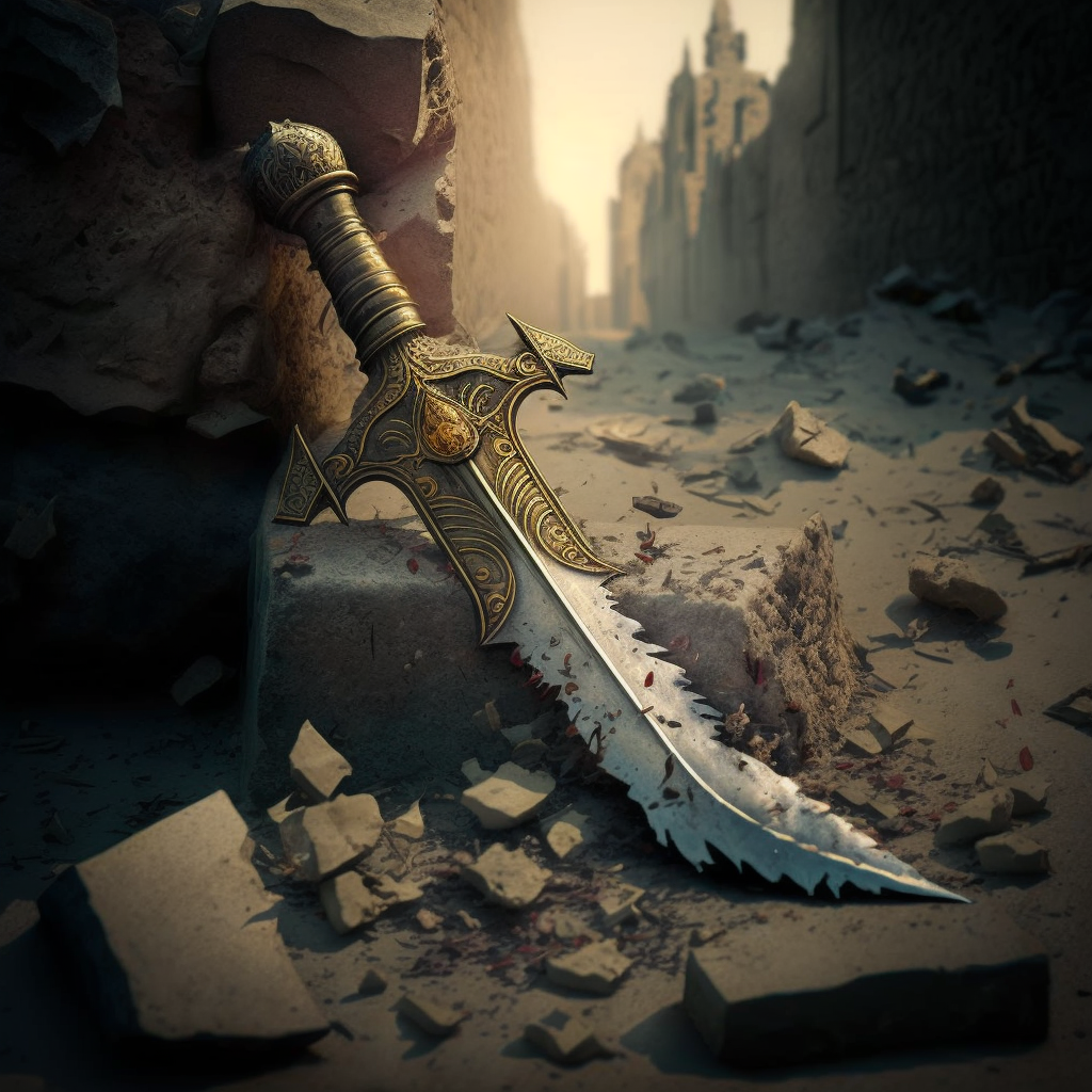 Close-up of a broken sword lying amidst ruins (generated by Midjourney).