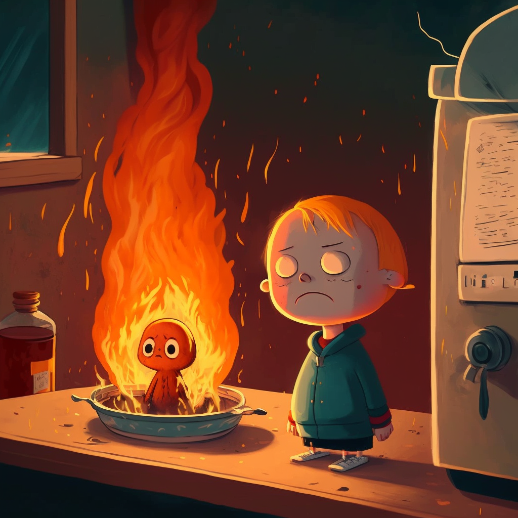 A small child looking on with mild concern as a tiny being is on fire, sitting in a cooking dish, and also seems mildly perturbed by the situation. Meant to evoke similarities with the this-is-fine meme.