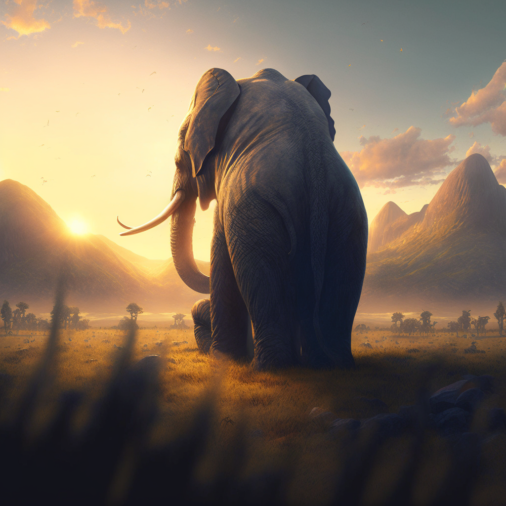 Rear view of a sitting elephant gazing at mountains in the distance (generated by Midjourney).