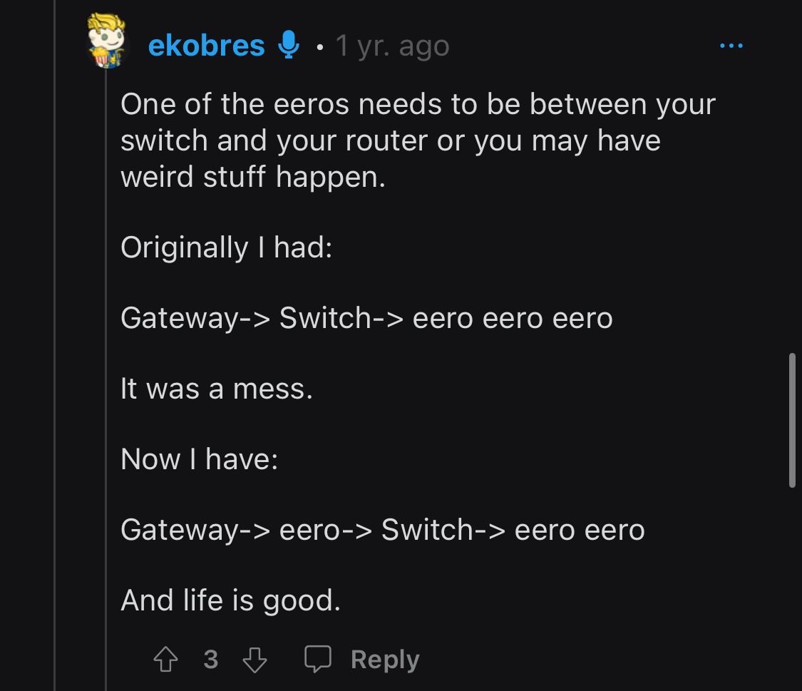 Screenshot of one post from the previous Reddit link, summarizing the precise network topology and positioning of the main eero in the sequence that eero expects in order to function correctly in bridge mode.