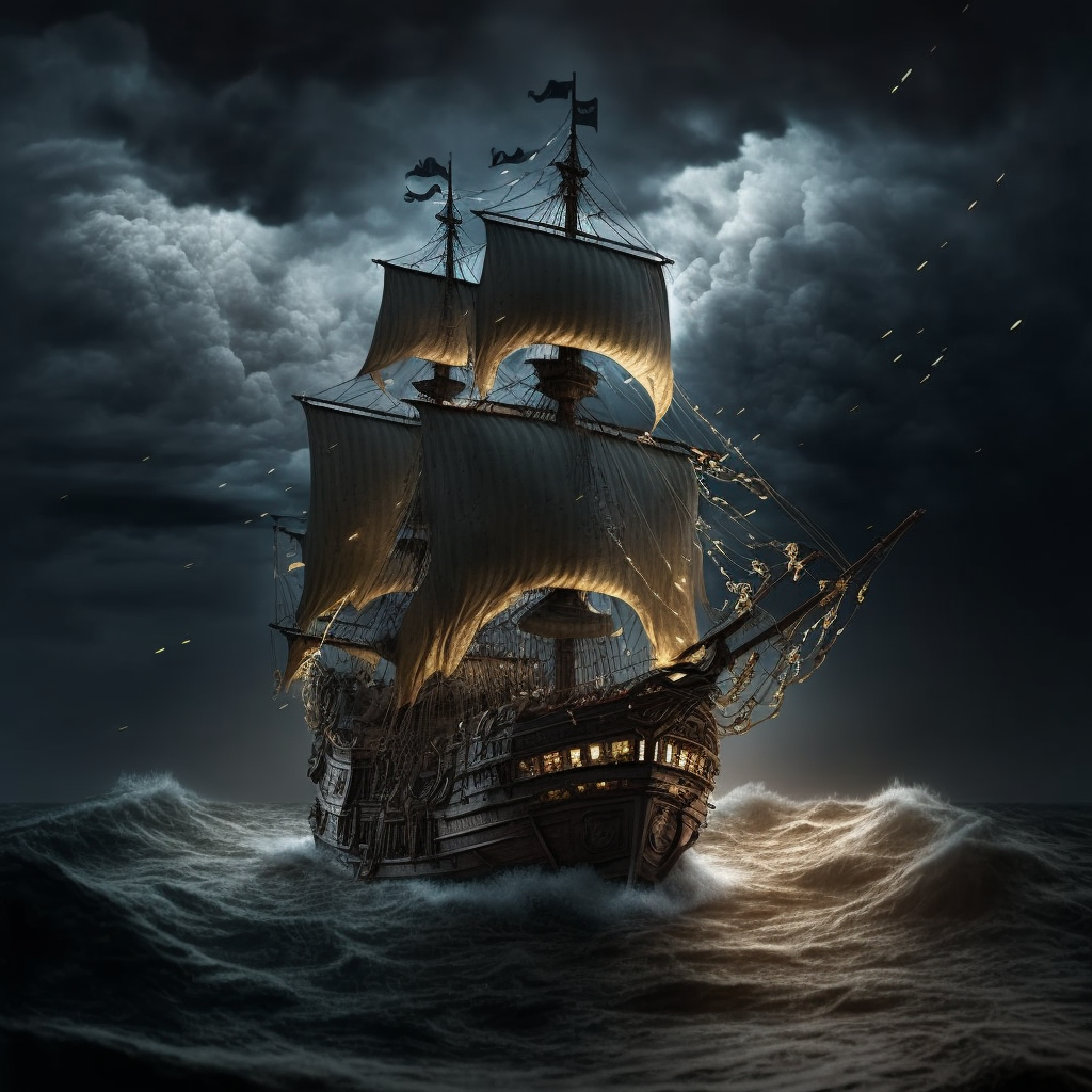 Dramatic image of a galleon sailing on stormy seas (generated by Midjourney).
