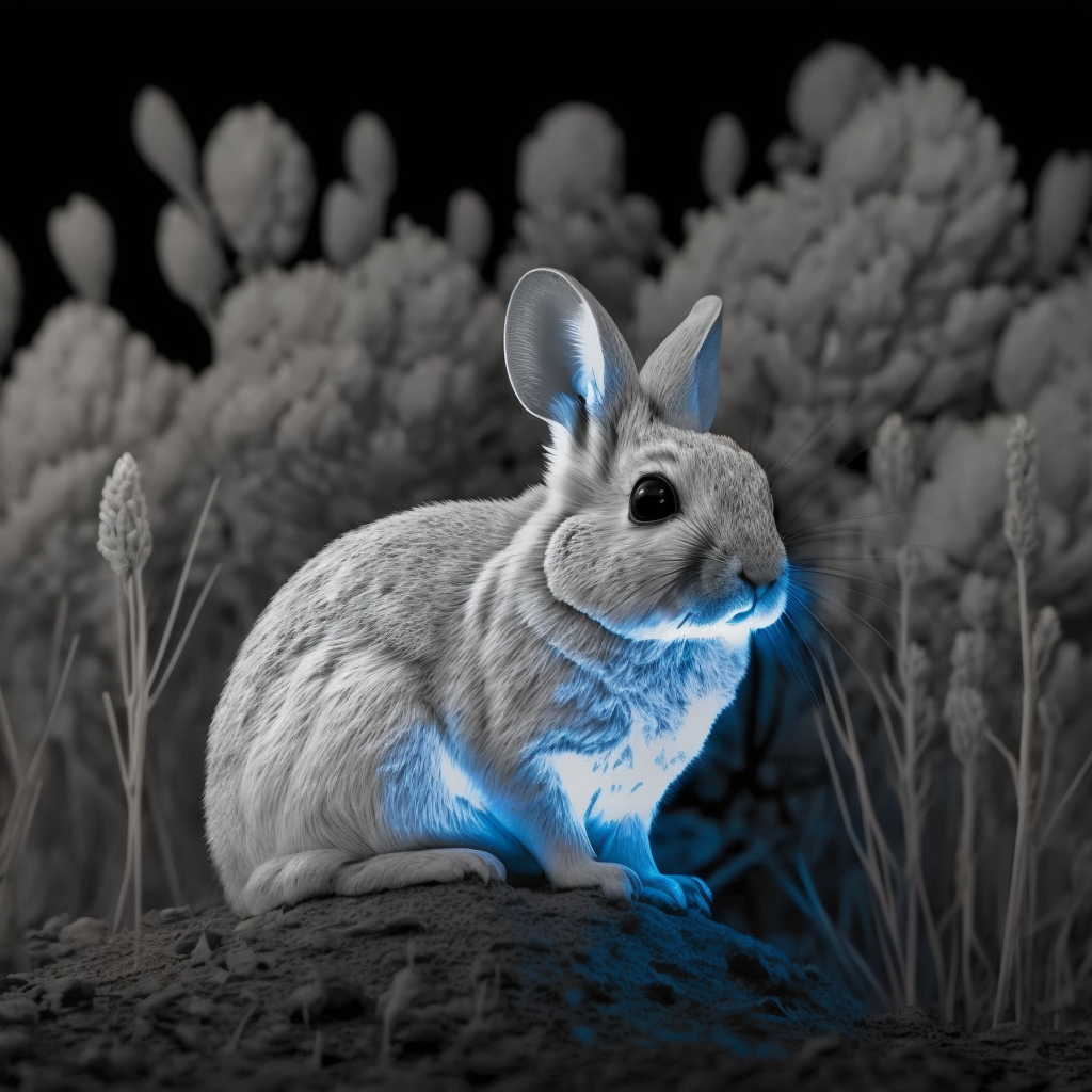 Midjourney-generated image of a rabbit in a nightvision style, as if pictured by an infrared camera at night (generated by Midjourney).