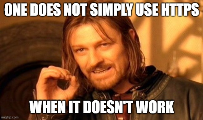 Sean Bean LOTR meme, stating: &#039;One does not simply use HTTPS when it doesn't work' (obtained from imgflip).