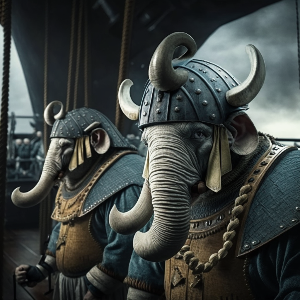 Close-up of two Mastodon-like sailors on the deck of a ship at sea (generated by Midjourney).
