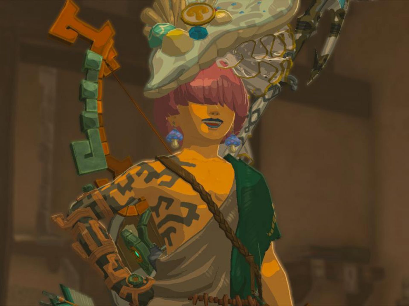 An in-game picture of Link from _Tears of the Kingdom_ with pink hair and dark lipstick, and wearing the Cece hat. Picture from this Polygon article: https://www.polygon.com/legend-zelda-tears-kingdom/23725926/tears-of-the-kingdom-totk-best-hat-outfit-cece-mushroom-hat-how-to-get-slay .