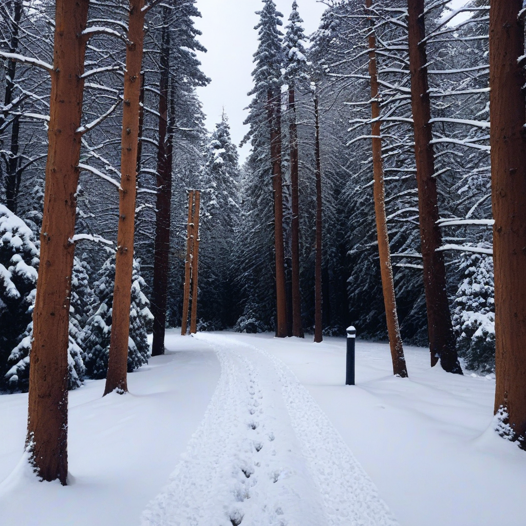 AI-generated image of a snow-covered pine forest with a pathway of footprints leading into the distance, suggesting an adventure ahead.