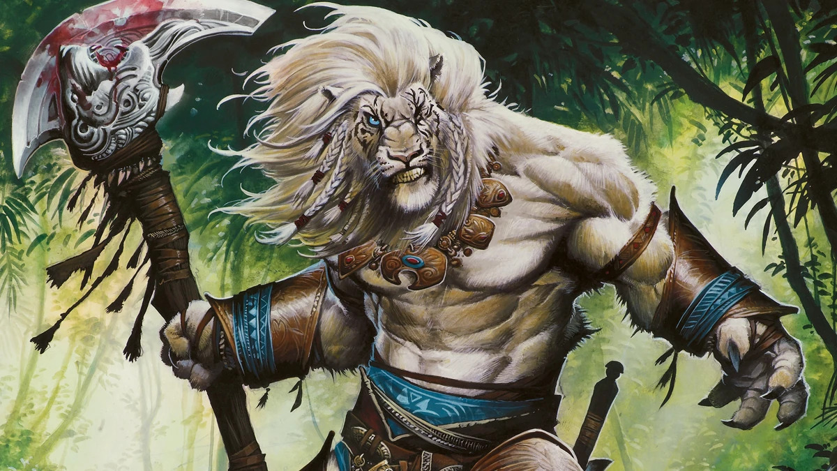 Artist rendition of the MtG planeswalker Ajani Goldmane. https://magic-the-gathring-lore.fandom.com/wiki/Ajani_Goldmane