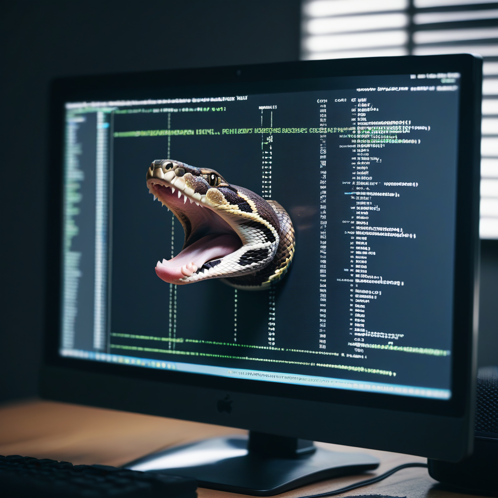 AI-generated image of a Python snake breaking out of a monitor that was previously showing broken Python code.