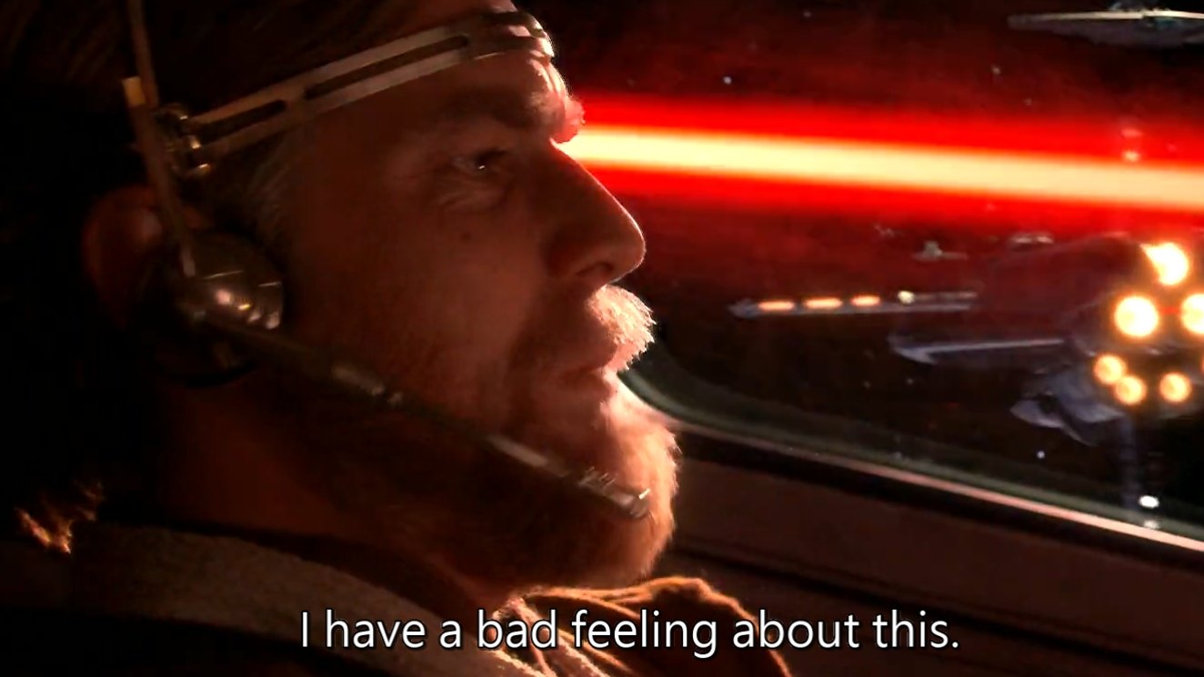 Meme image of Obi-Wan Kenobi in a fighter from the Star Wars prequel trilogy, stating that he has a bad feeling about this.