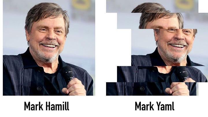 Two-paned meme image of Mark Hamill, with the first pane normal and the second pane showing indented blocks of Mark Hamill with the undertitle &#039;Mark Yaml'. Credit: https://www.reddit.com/r/ProgrammerHumor/comments/hwxsgi/ah_yes_mark_yaml/