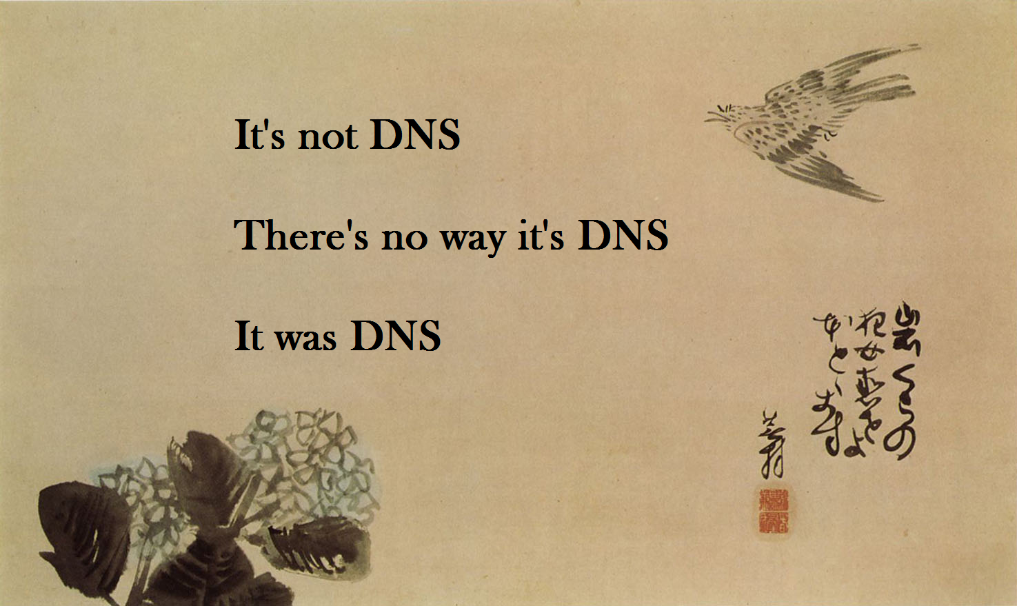 Meme showing a haiku: &#039;It's not DNS / There's no way it's DNS / It was DNS.' Credit: https://www.reddit.com/r/sysadmin/comments/6qhih0/its_always_dns/