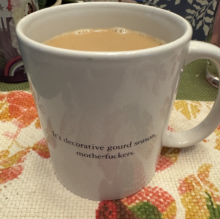 A classic coffee mug from McSweeney's, which has the text: 'It's decorate gourd season, motherfuckers.'