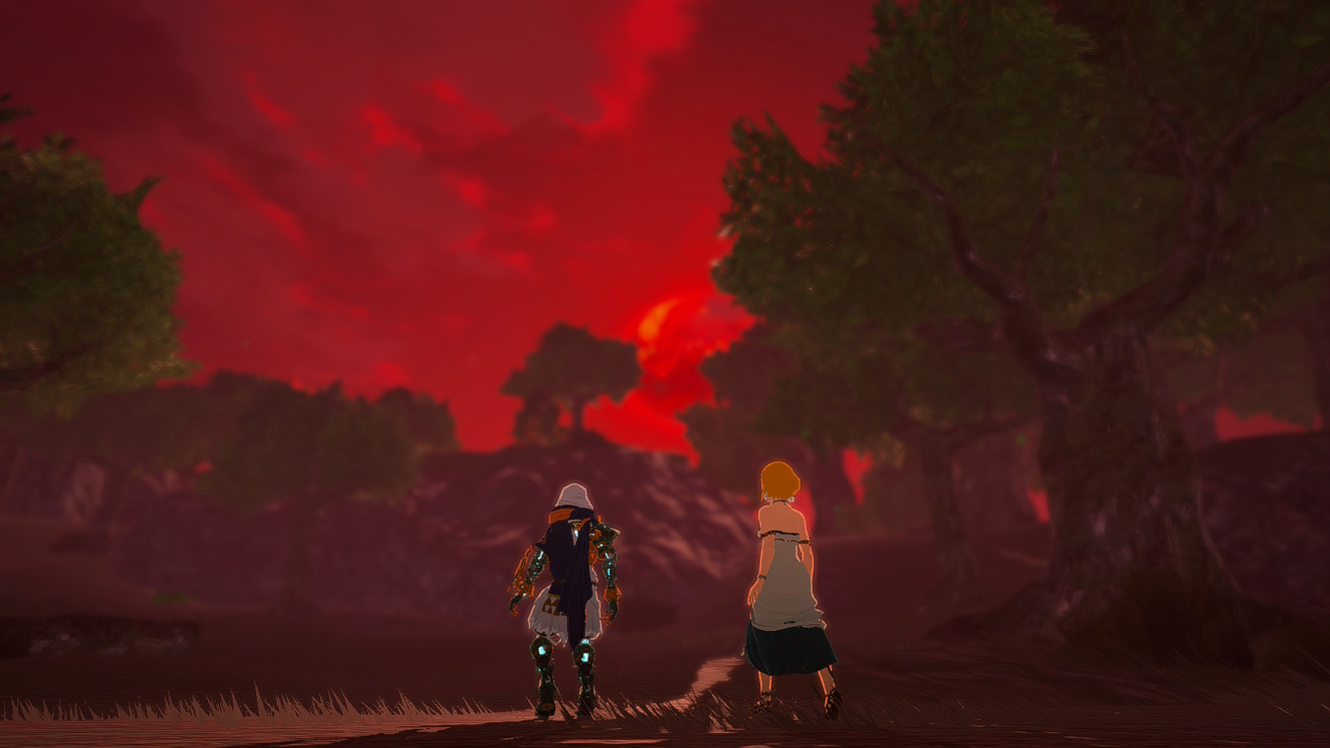 A screenshot from _Hyrule Warriors: Age of Imprisonment_ showing Zelda and the Knight Construct walking into battle under a blood moon.