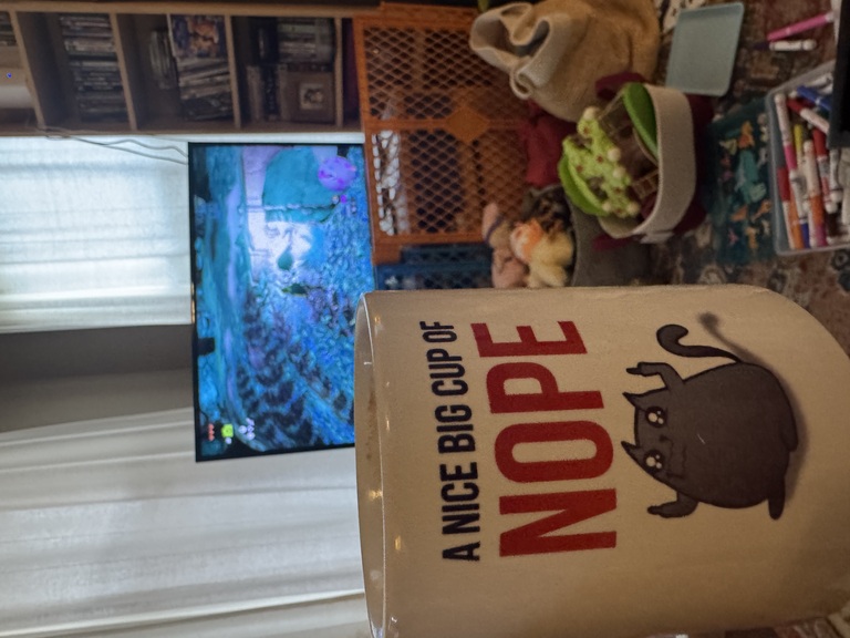 The Oatmeal's fantastic stylized mug showing a cartoon cat flipping off the viewer, with text reading 'A nice big cup of NOPE'.