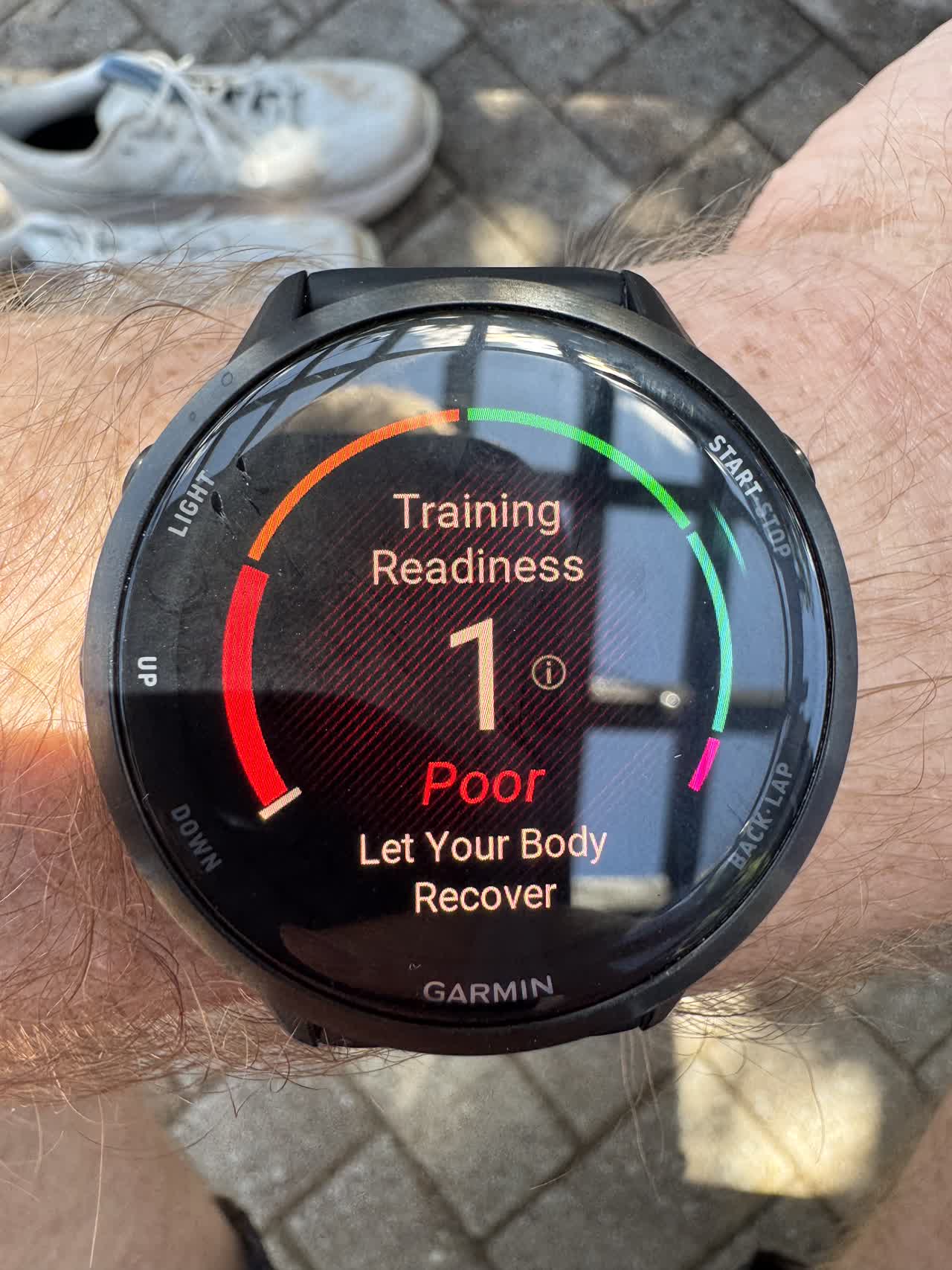My Garmin Forerunner running watch displaying its 'Training Readiness' metric, with a giant red '1' (out of 100) score, and a 'Poor: Let your body recover' tagline underneath.